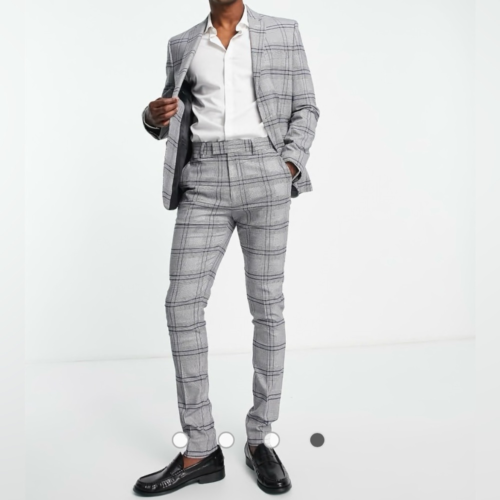 ASOS DESIGN skinny suit jacket & pant in large scale blue check w/ white polo
